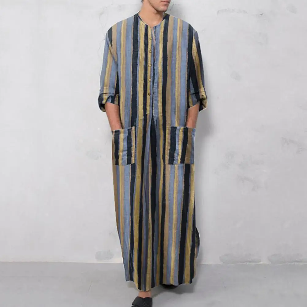 Muslim Fashion Kaftan Loose Pockets Long Sleeve Men Striped Shirt Robes Jubba Thobe Saudi Arabia Men Muslim Kaftan Thobe Robe