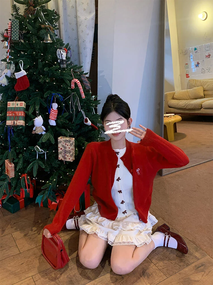 Red Christmas New Year Wear Bows Knitting Cardigan Women's Clothes Fall and Winter Arrival Fake Two-Piece round Neck Long...