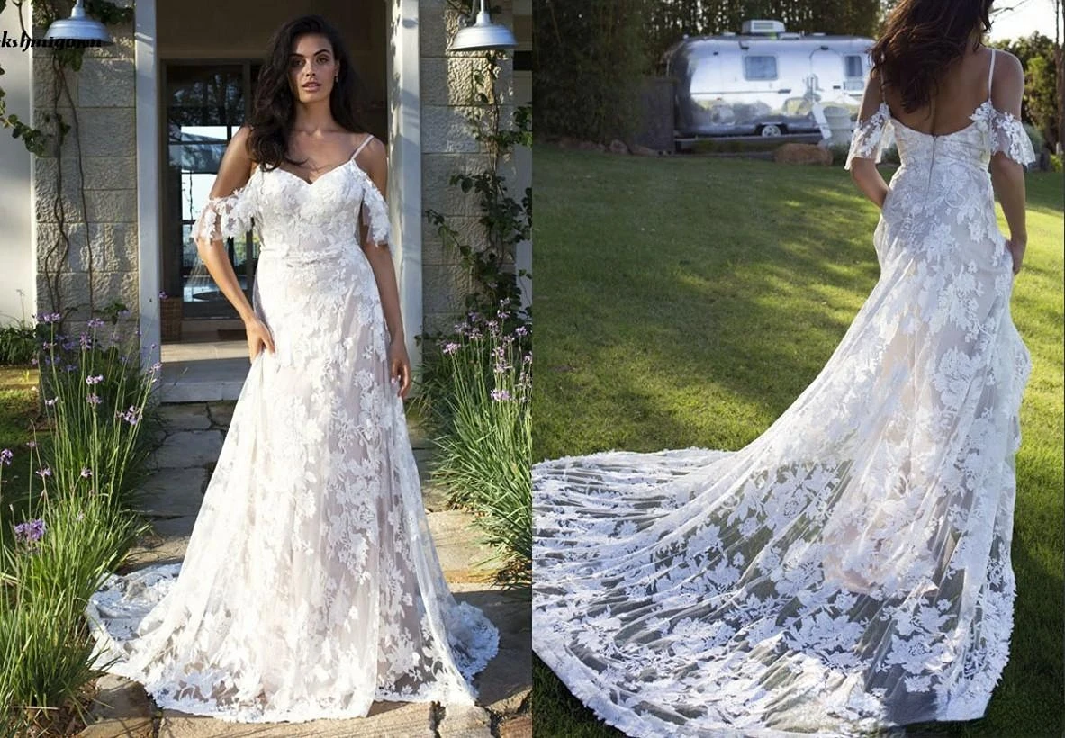 

Country Elegant A line Wedding gown Dresses Arrival Cold Shoulder Lace Bodice Backless Wedding Bridal Gowns Vestidos De Novia