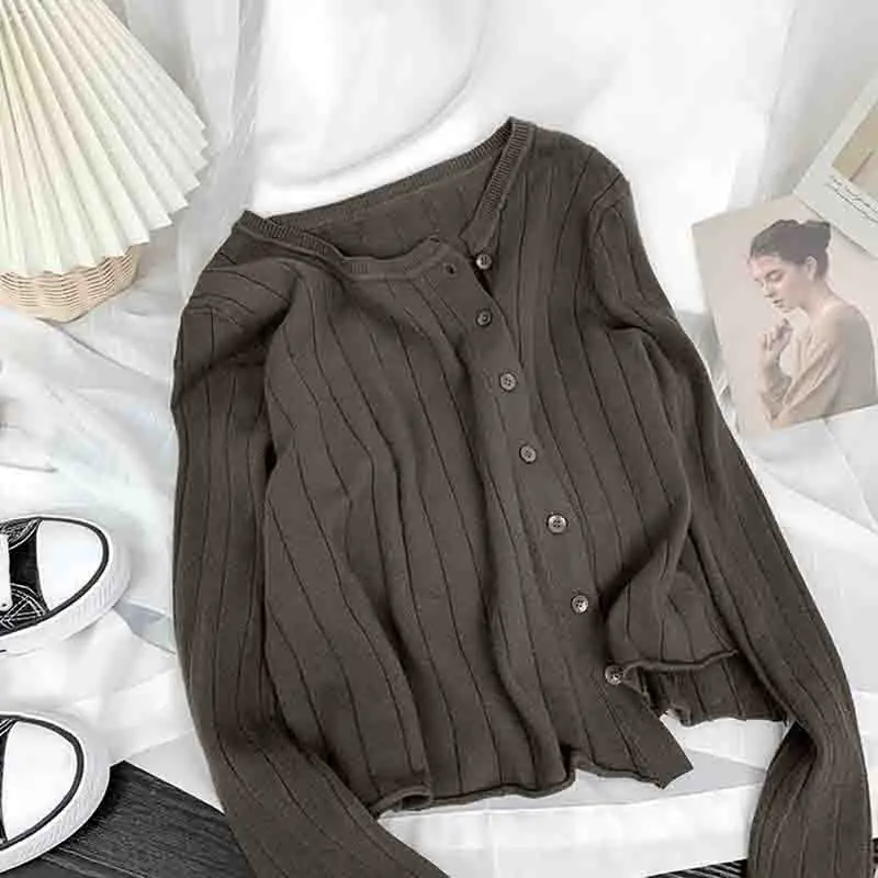 

Women's Knitted Sweater Spring Autumn Korean Single Breasted Irregular Cardigan Long Sleeve O Neck Female Slim Clothing Tops