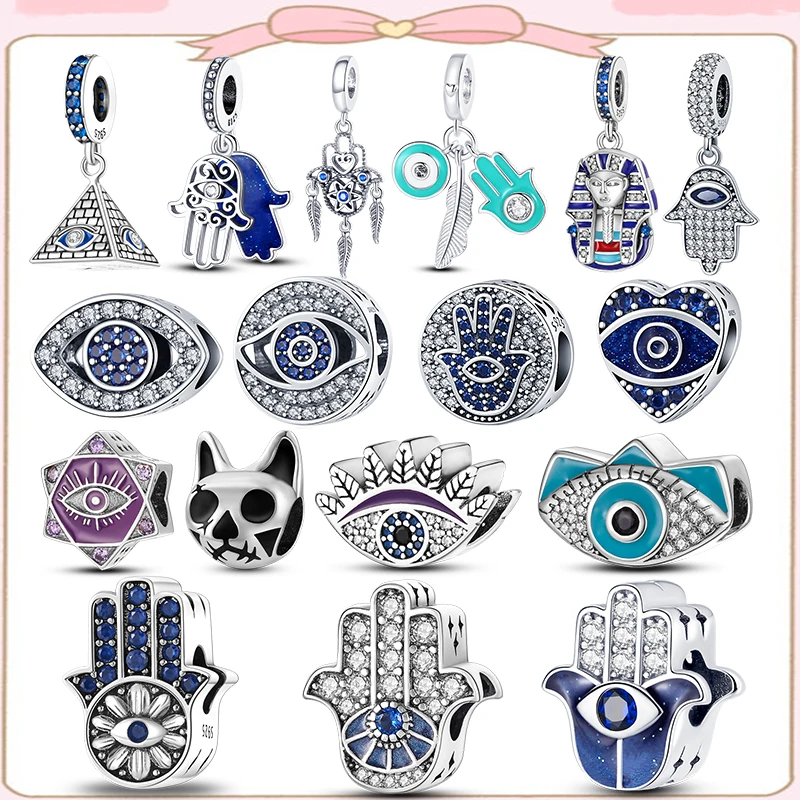 

New 925 Sterling Silver Devil's Eye Palm Pyramid Beads mummy Charms plata de ley 925 For Original Pendant Bracelet Women Jewelry