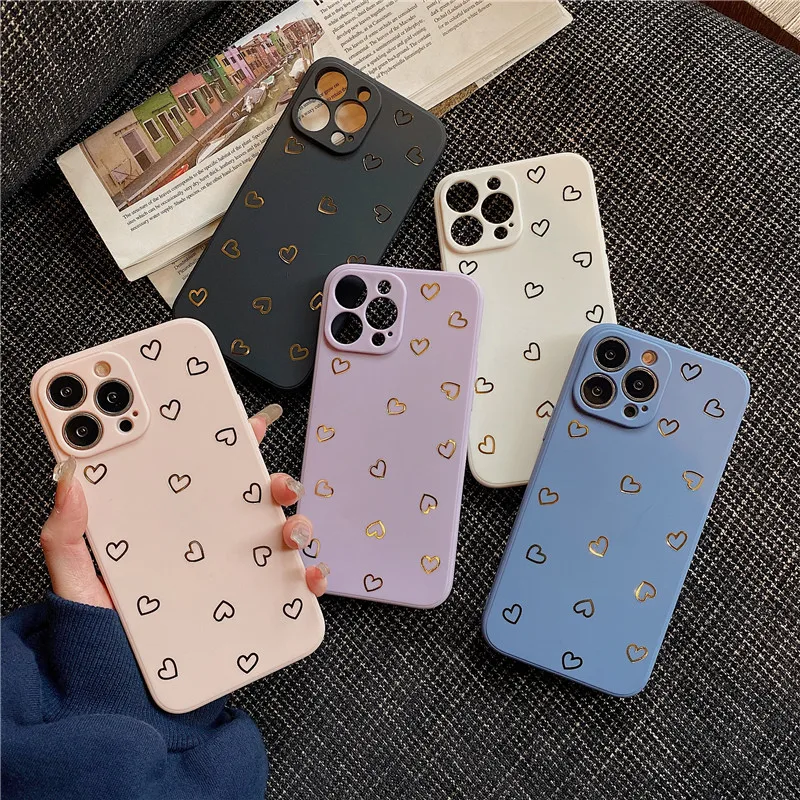 

Love Heart Bronzing Phone Cases For iPhone 13 12 11 Pro XS Max XR X SE 2020 7 8 Plus Case Silicone Soft TPU Back Cover Shell