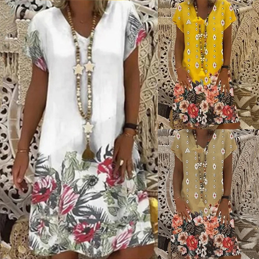 

Beach Dress Women Vintage Summer Short Sleeve V Neck Floral Print Loose Knee-length Casual dresses woman summer 2022 White
