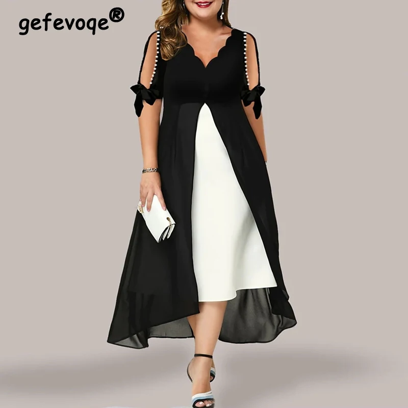 

Женское асимметричное платье средней длины, Элегантное летнее свободное платье в стиле пэчворк с кружевным бантом, коротким рукавом и V-образным вырезом