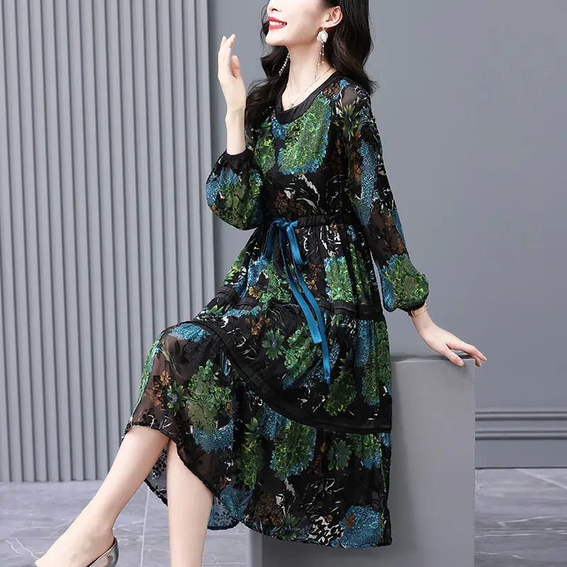 

Clothing 2022 Spring Autumn New Elastic Waist Silk Loose Ankle Length V-neck Long Dress Printed Fashion Dress with Belt K20