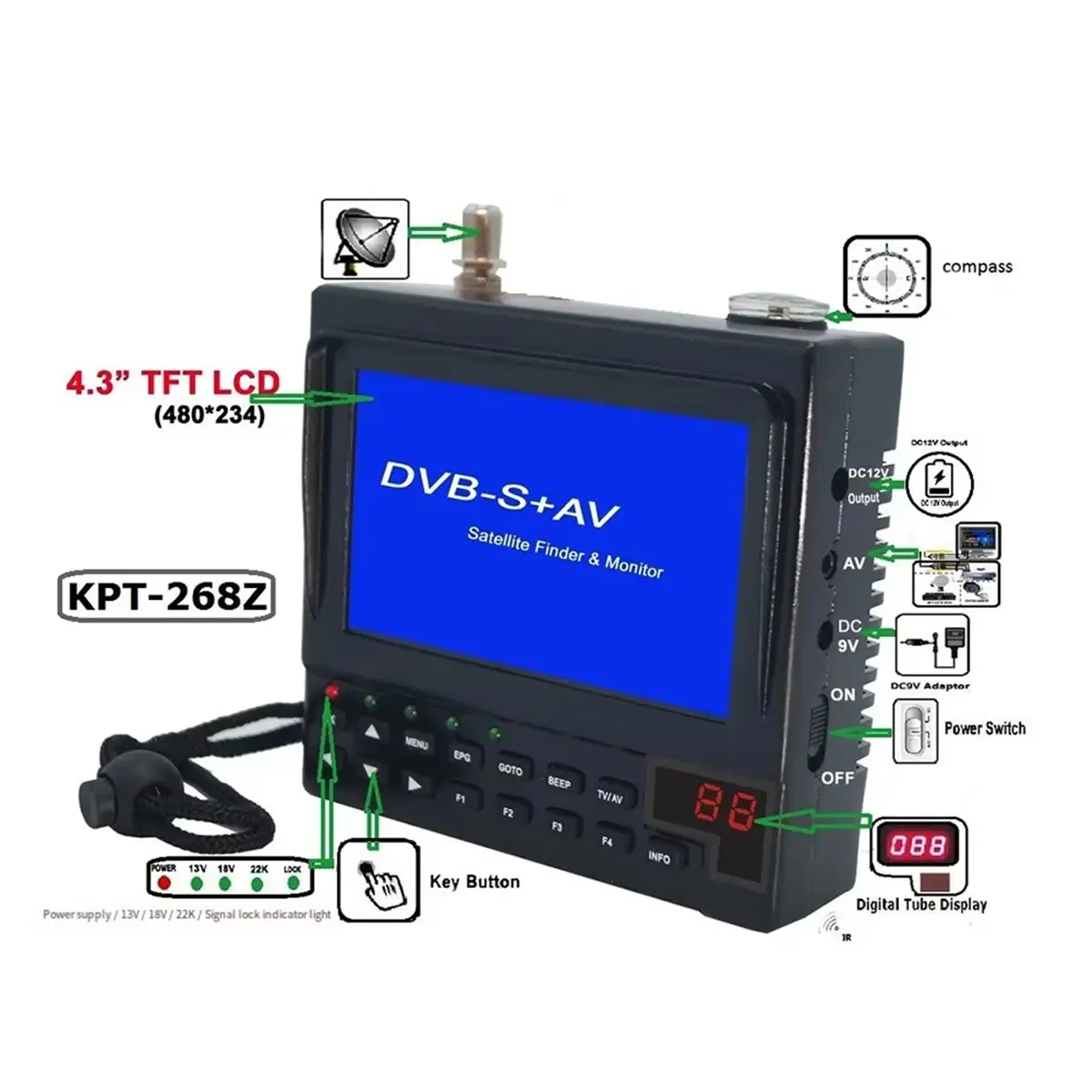 Мегасалонная распродажа 618: Портативный цифровой измеритель-приемник KPT-268Z DVB-S с 4,3-дюймовым экраном для спутникового мониторинга Full HD, DVB-S Sat Finder Meter (art.: 3920db7080d4f) - 3920db7080d4f