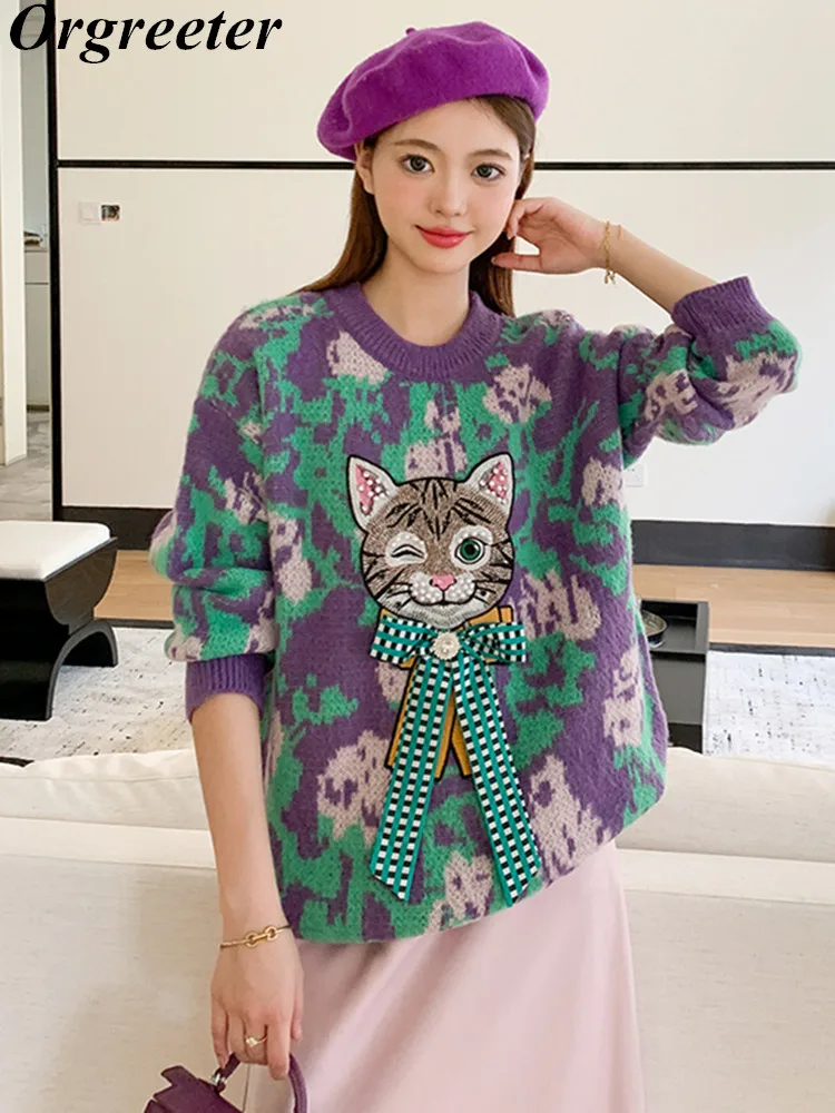 

Runway Design Cat Embroidery Appliques Retro Color Contrast Women Sweater Fall Winter O-neck Long Sleeve Loose Knitwear Tops