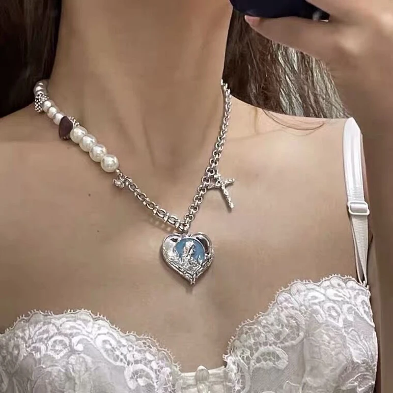 

Hip Hop Style Vintage Virgin Heart Pearls Necklace Pendant Punk Spliced Gem Cross Women's Neck Chain Charms Jewelry Choker Gift