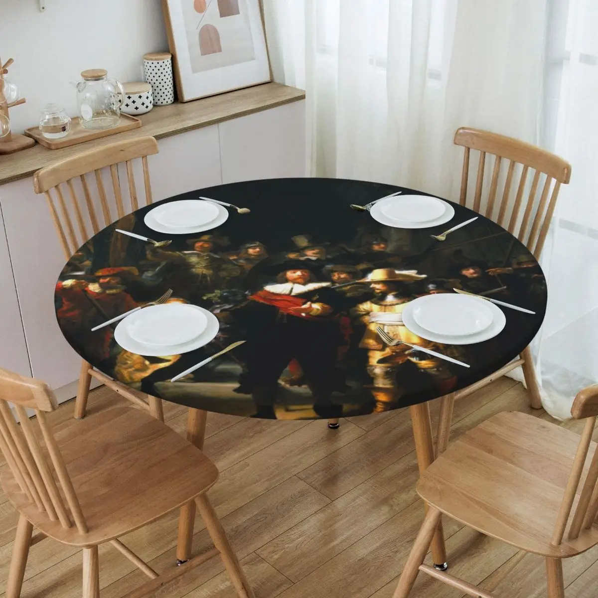 Round Waterproof The Night Watch By Rembrandt Van Rijn Tablecloth Backed Elastic Edge Table Covers Dutch Artist Table Cloth