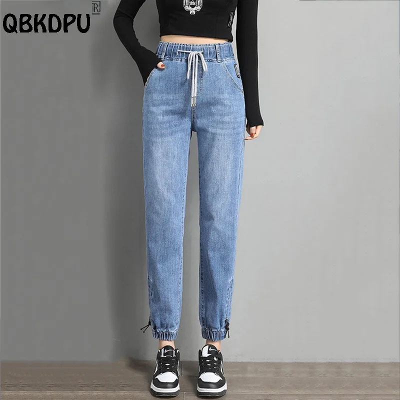 

Casual Elastic Waist Harem Jeans Women Streetwear Banded Jogger Vaqueros Ankle Length Jean Pants Spring Boyfriend Denim Trousers