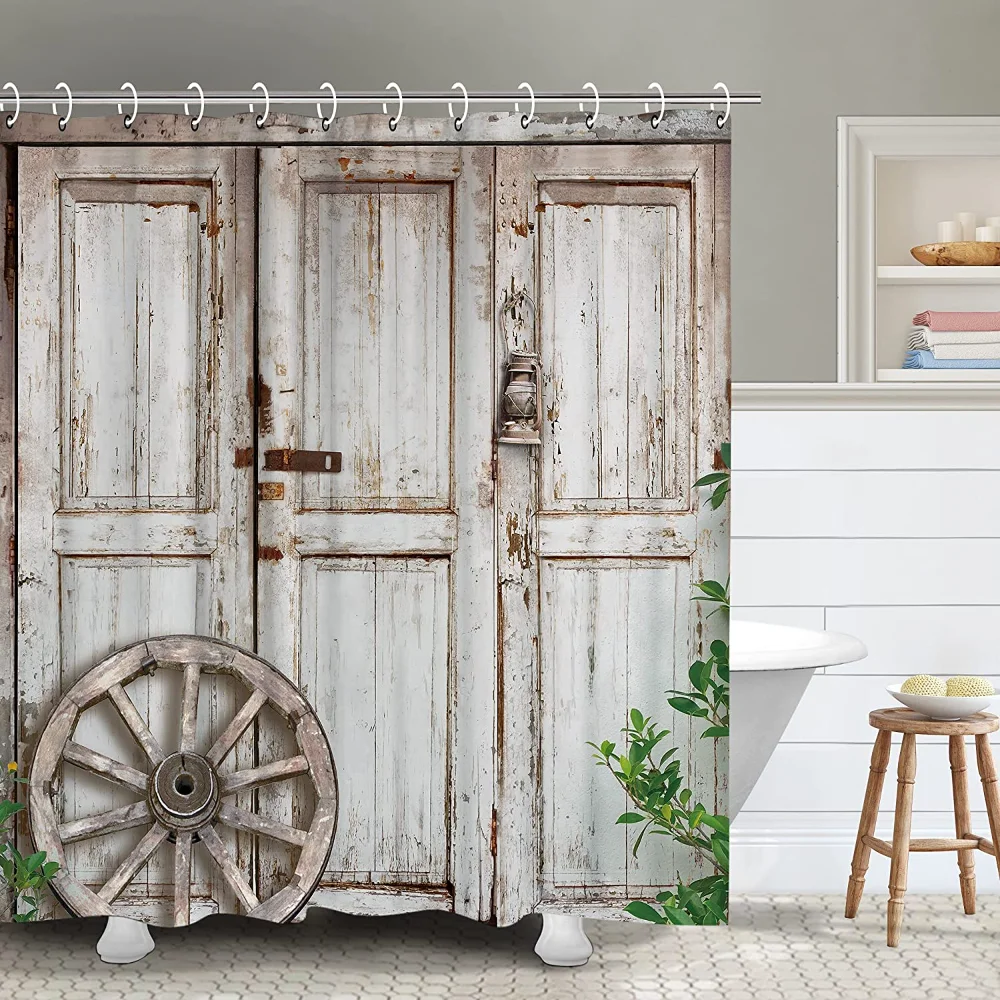 

Antique Wooden Door Shower Curtains Farmhouse Retro Rustic Barn Door Woodland Farm Hooks Decor Bath Curtain Bathroom Accessories