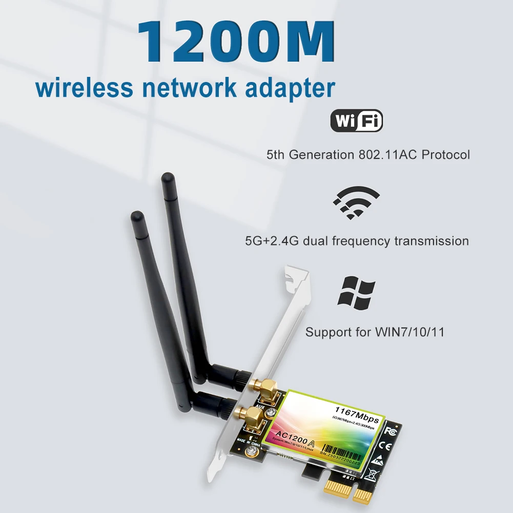 

1200 Мбит/с, Двухдиапазонная беспроводная сетевая карта, адаптер, внешняя антенна, PCI-E Wi-Fi карта, Адаптер 2,4 ГГц/5 ГГц для Win 7/10/11