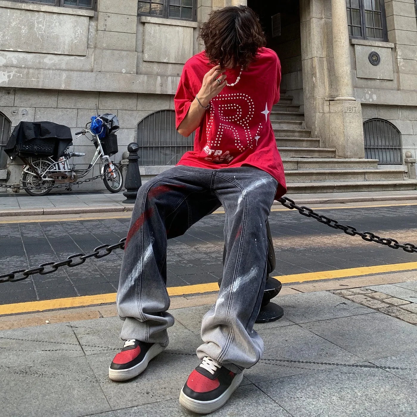 New American High Street Graffiti Embroidery Gradient Jeans Men's Loose Wild Straight-leg Pants Fashion Men's Hip-hop Streetwear