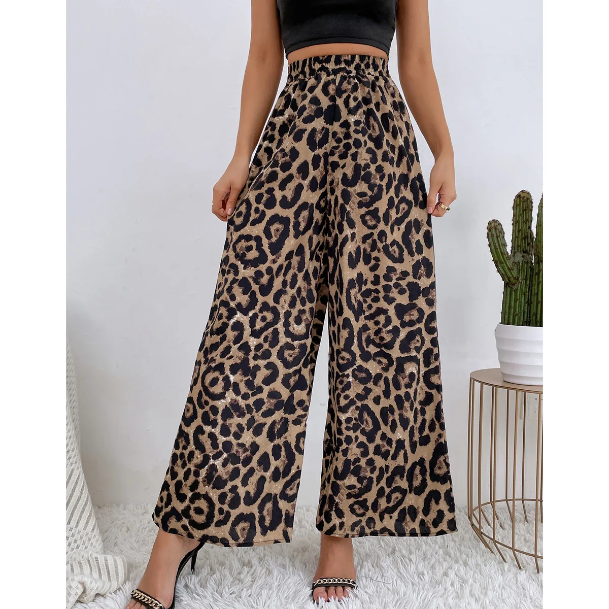 Фото Повседневные свободные эластичные брюки с высокой талией и леопардовым принтом