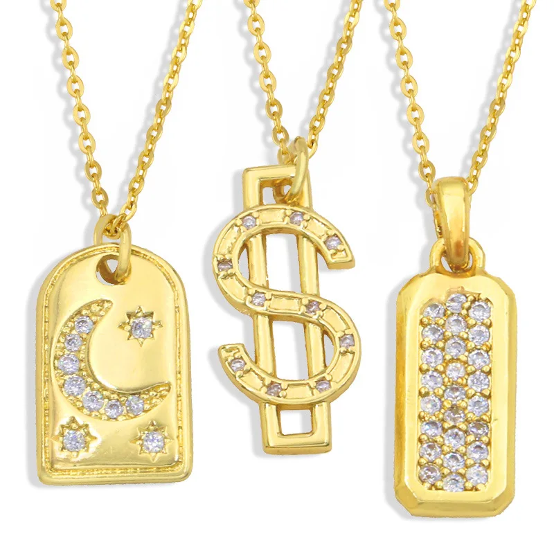 

Zirconia Golden Dollar Sign Money Pendant Necklace For Women Men Geometric Square Moon Star Pattern Choker Hip Hop Jewelry Gift