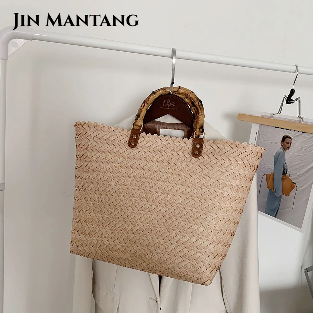 Women Casual Handbag Handmade Woven Beach Straw Rattan Top Handle Bags Shoulder Bag Female Bohemia Travel Shopping Tote Bag