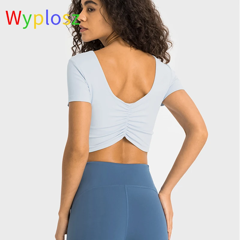 

Wyplosz Gym Women Yoga T-shirts Fitness Comfortable Activewear Quick-drying Transparent Breathable Round Neck Fold Free Shipping