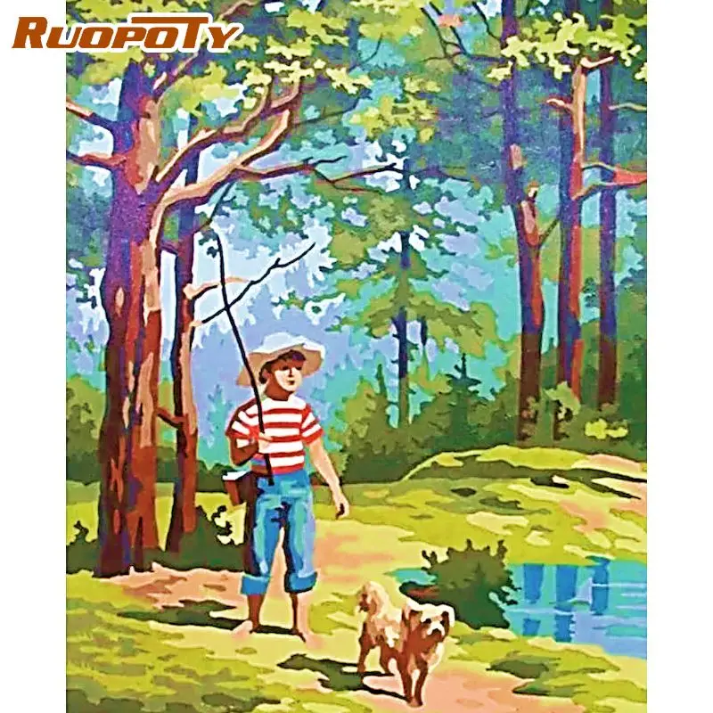 

RUOPOTY Frame Picture DIY Painting By Numbers Forest Boy Picture By Numbers Kit Handpainted Oil Painting For Home Art