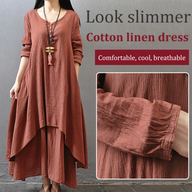 

Women's Linen Dress with Artistic Flare and Fake TwoPiece Design