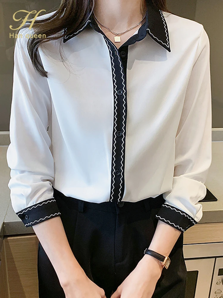 

Рубашка H Han Queen женские блузки винтажные рабочие повседневные топы шифоновая блузка элегантные свободные рубашки с контрастной вышивкой