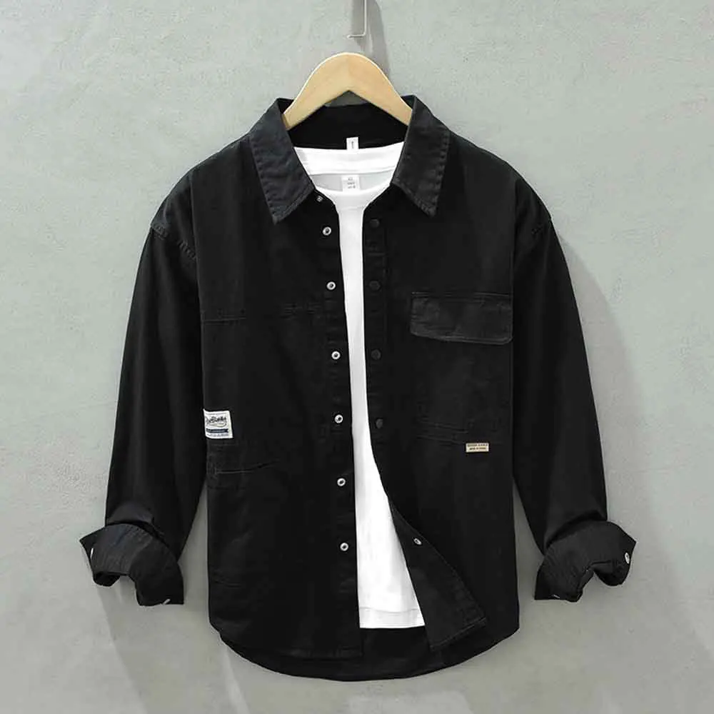 Men White Vintage Shirts Mens Cargo Fashion Oversize Shirt Male Black Casual Streetwear Blouses Cotton Plus Size