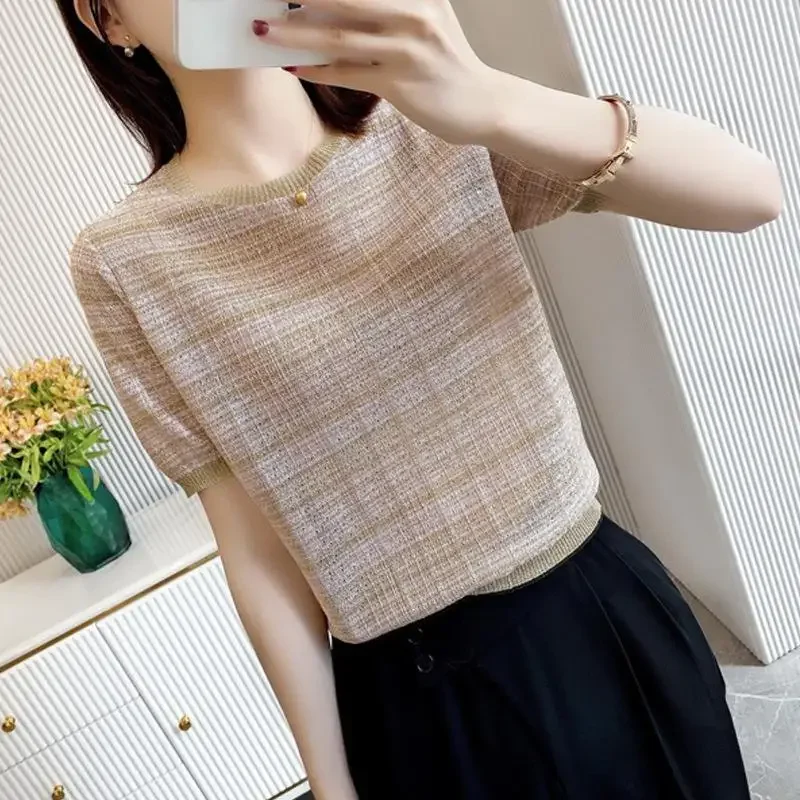 Женская футболка из ледяного шелка с короткими рукавами лето 2023 новый стиль