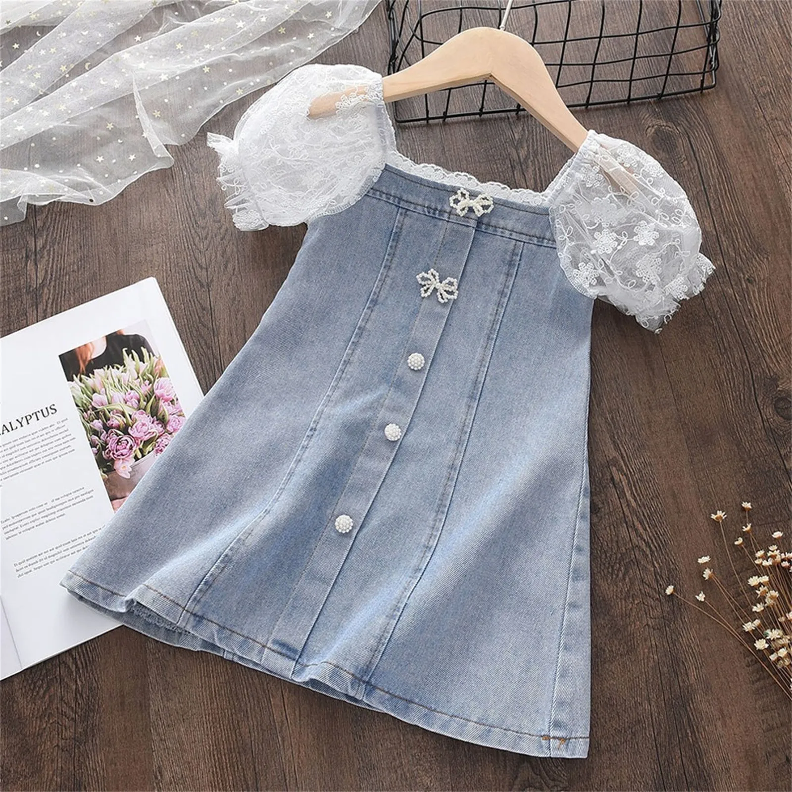 

Toddler Kids Baby Girls Puff Sleeve Lace Mesh Dress Girl Denim Dresses Sundress Princess Dresses Tight Dress for Girls