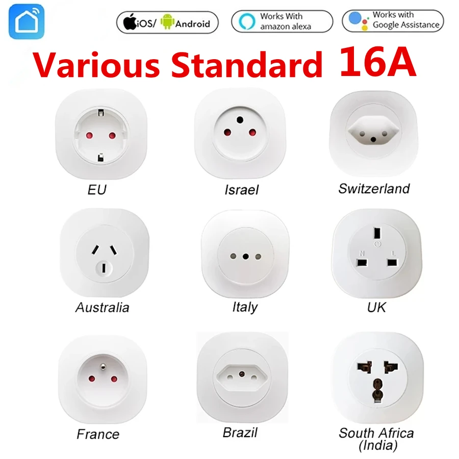 

16A WIFI Plug Smart life Socket Outlet UK EU AU Brazil FR Israel IT Plug APP Remote Control Work For Assistant