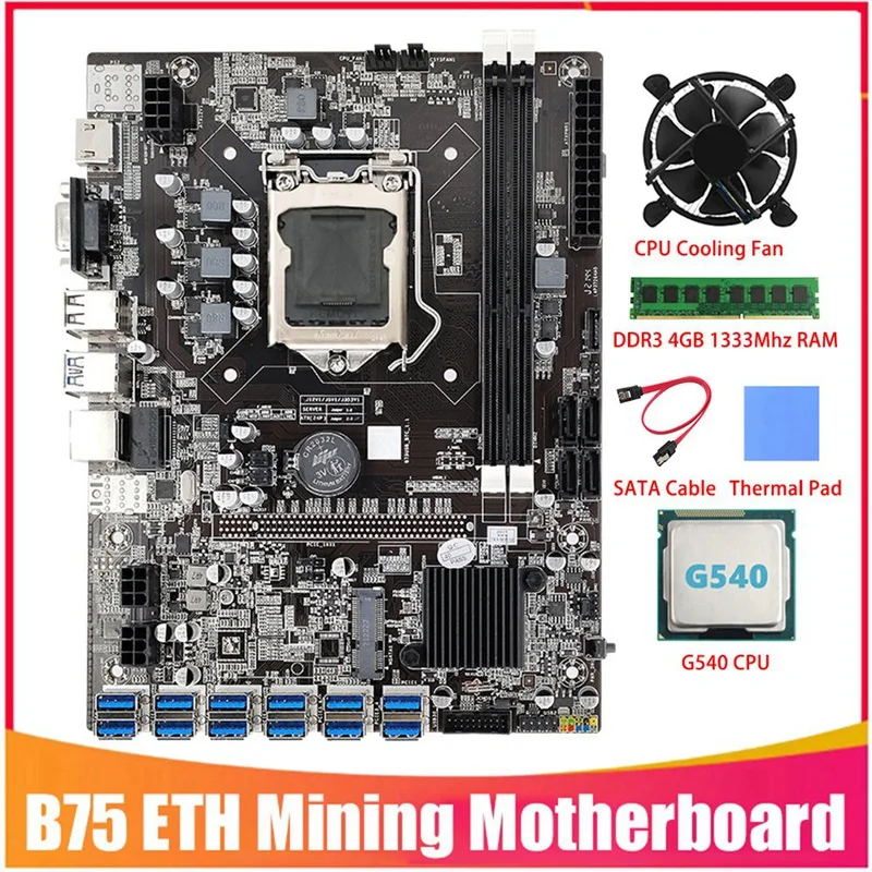 B75 BTC Mining Motherboard 12 PCIE To USB Adapter LGA1155 With G540 CPU+DDR3 4GB 1333Mhz RAM+Cooling Fan+SATA Cable