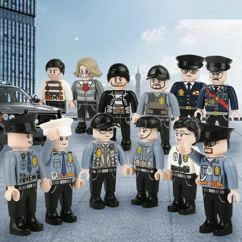

12pcs 4.5CM City Police Officer Thief Swat Parts Playmobil Building Blocks Educational Model Minifigurine Locking Mini Kids Toys