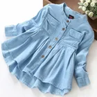 Джинсовое платье для девочек, с длинным рукавом, легкое Плиссированное, на пуговицах, От 2 до 7 лет