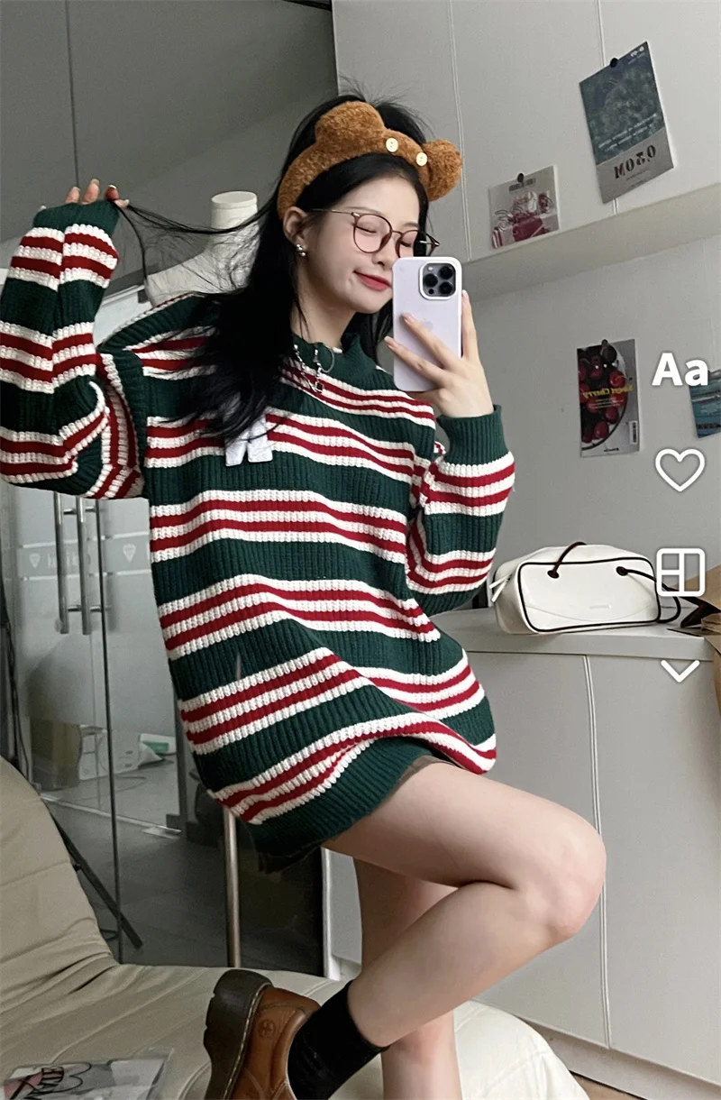 

Осенне-зимний полосатый свитер Свободный корейский винтажный пуловер трикотажный Женский Повседневный Универсальный Вязаный топ в стиле ...