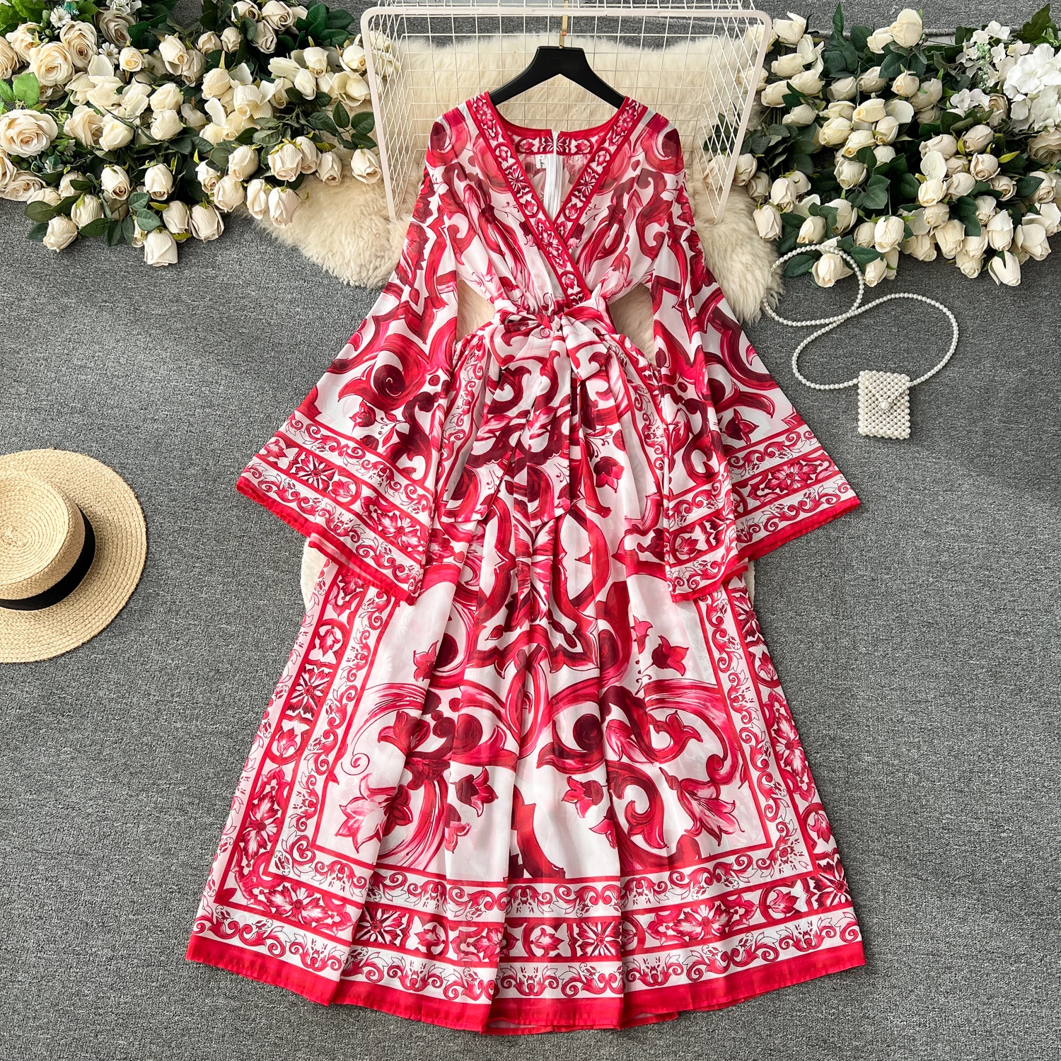 

Clothland Women Vintage Paisley Print Maxi Dress Flare Sleeve V Neck Sashes A Line Retro Ankle Length Dresses Vestido QD024