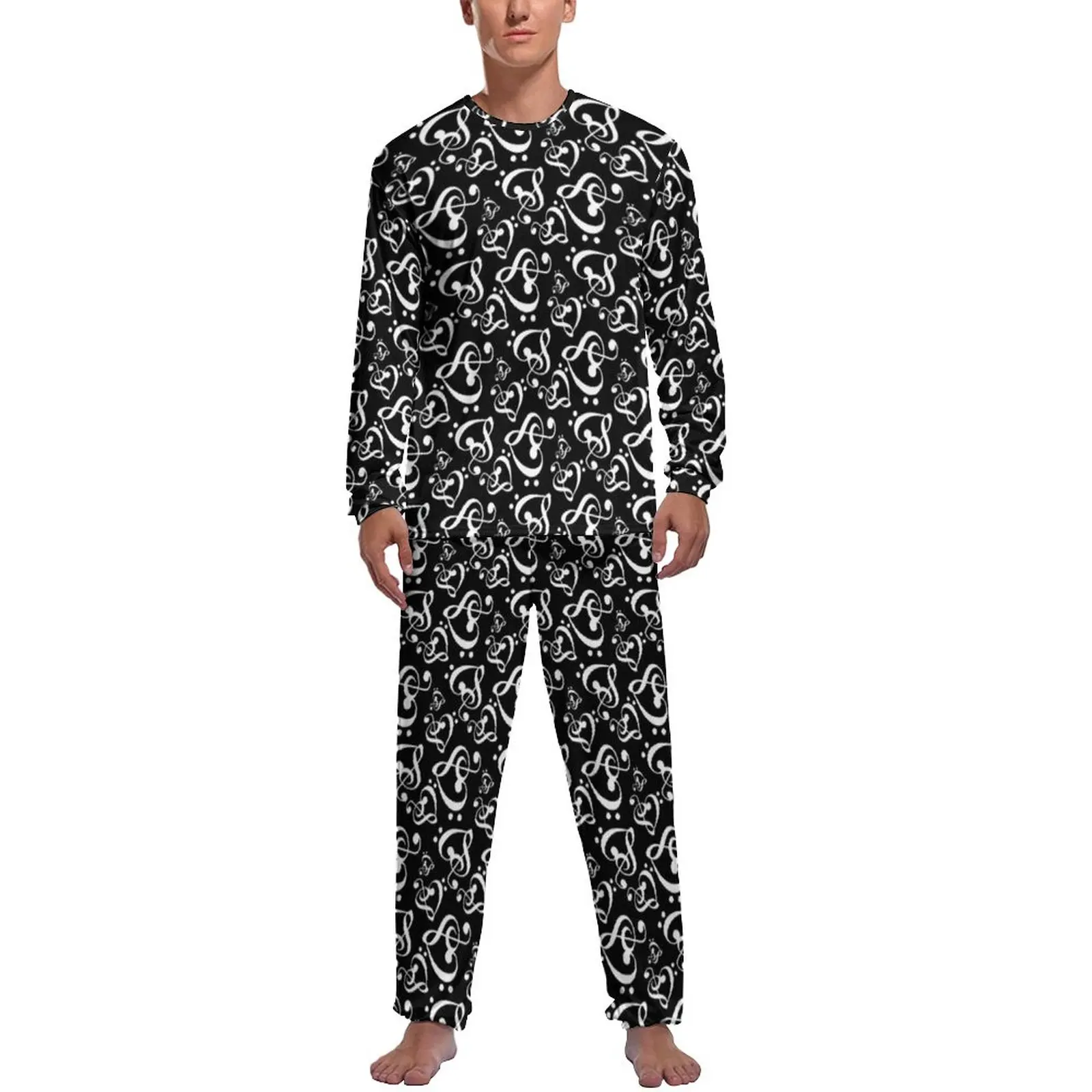 Black And White Heart Pajamas Male Music Symbol Print Cool Nightwear Autumn Long Sleeve 2 Pieces Aesthetic Custom Pajamas Set
