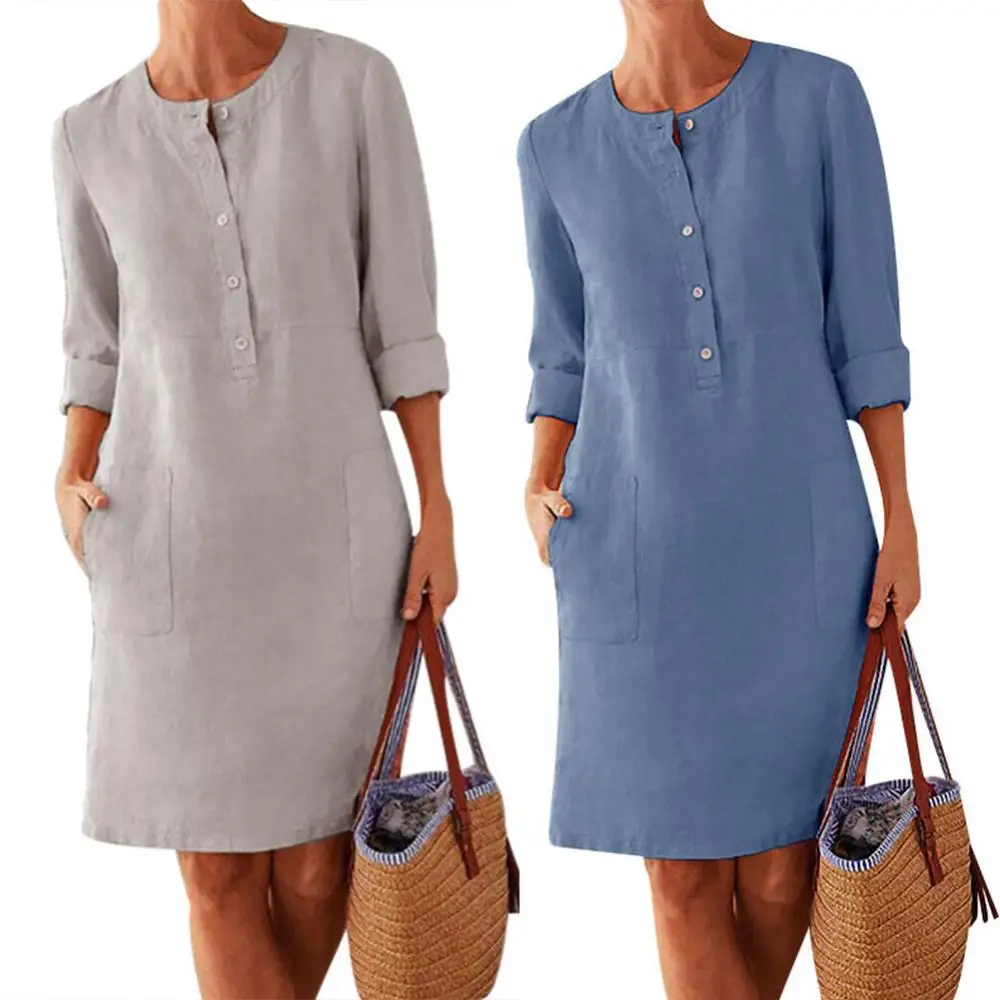 Loose Casual Knee-length Dress Long Sleeve Dress Women Buttons Pockets Cotton Linen Knee-length Dress