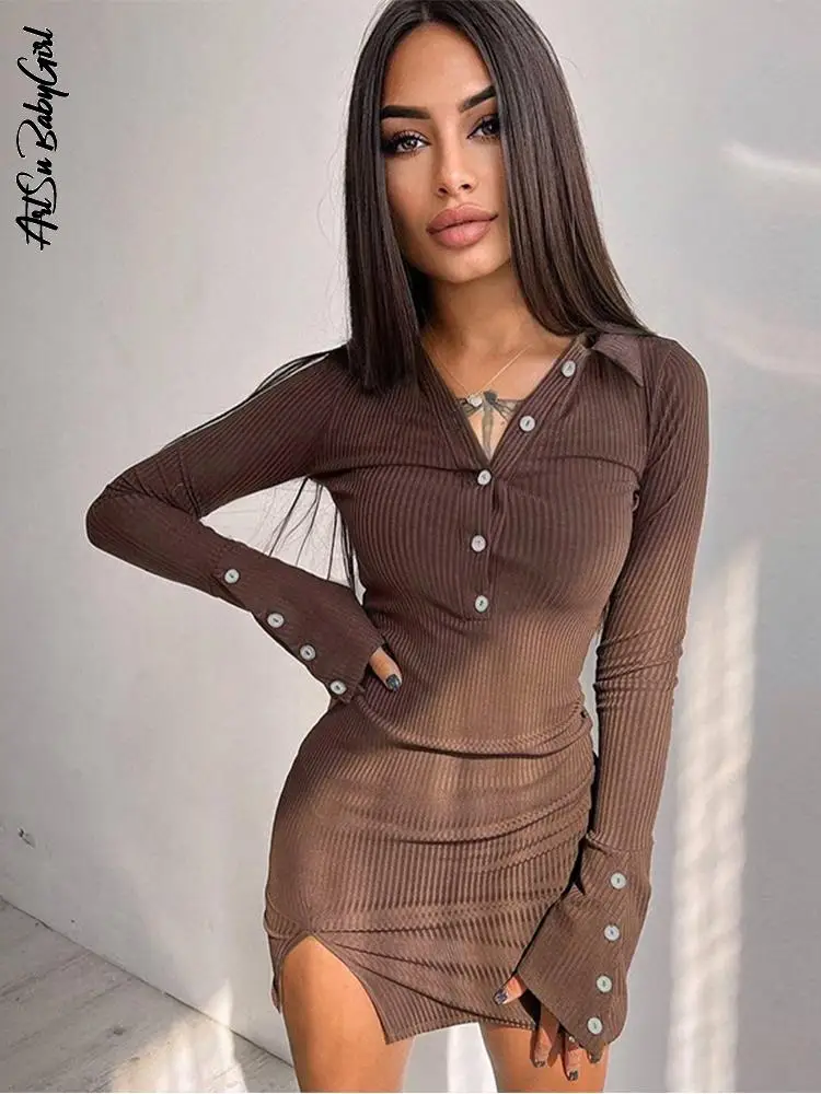 

Long Sleeve Dress Brown Mini Dress Rib Knit Bodycon Dress Solid Button Slit Dress Autumn Winter Basic Streetwear Black Dress