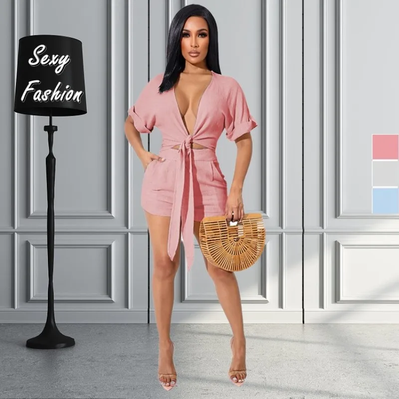 

S-2XL 2022 Summer Women Two Piece Sets Solid Color Deep V Neck Short Sleeve Straps Business Sexy Outfits Wholesale Dropshipping