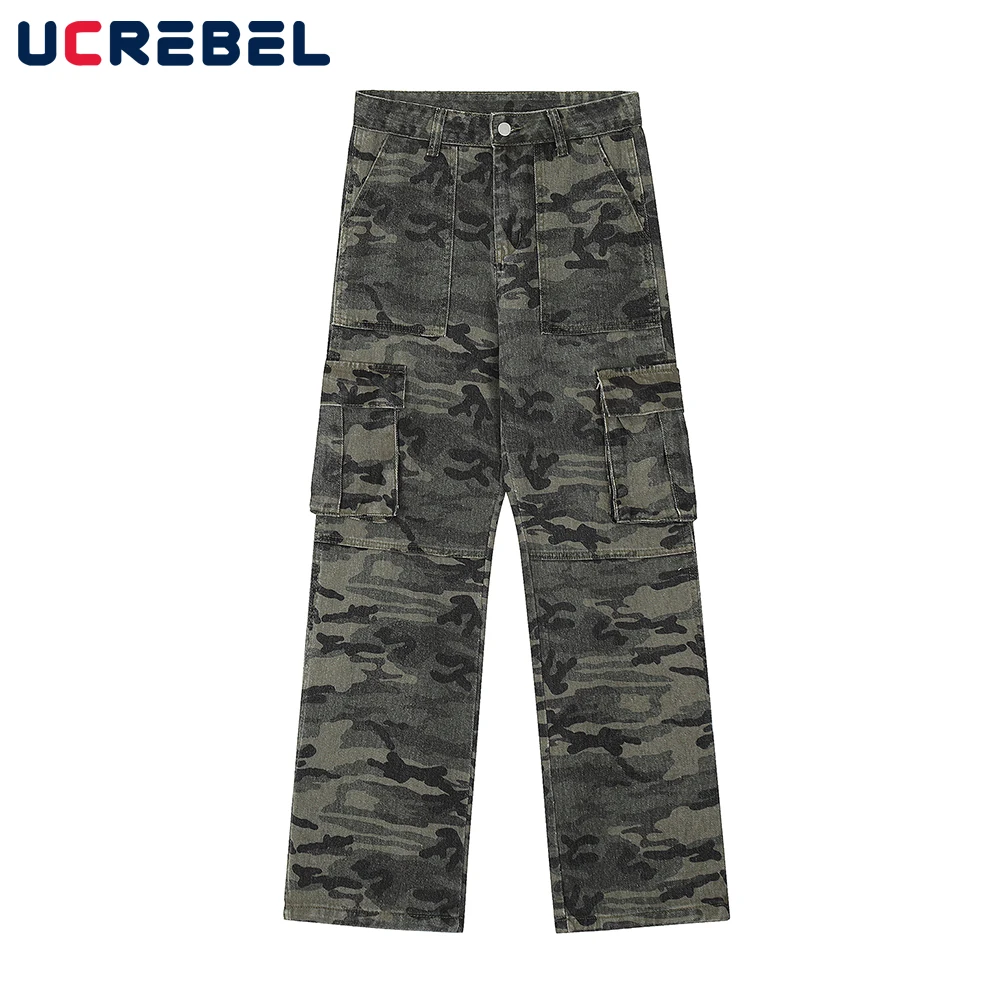 

Camouflage Denim Cargo Pants Mens Streetwear Multi-Pocket Washed Casual Straight-leg Pants Men Jeans