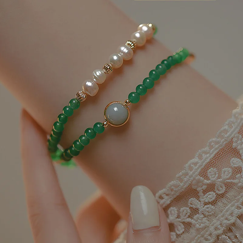 

Minar Stylish Green Color Chrysoprase Natural Stone Beaded Bracelet for Women Freshwater Pearl Strand Charm Bracelets Jewellery