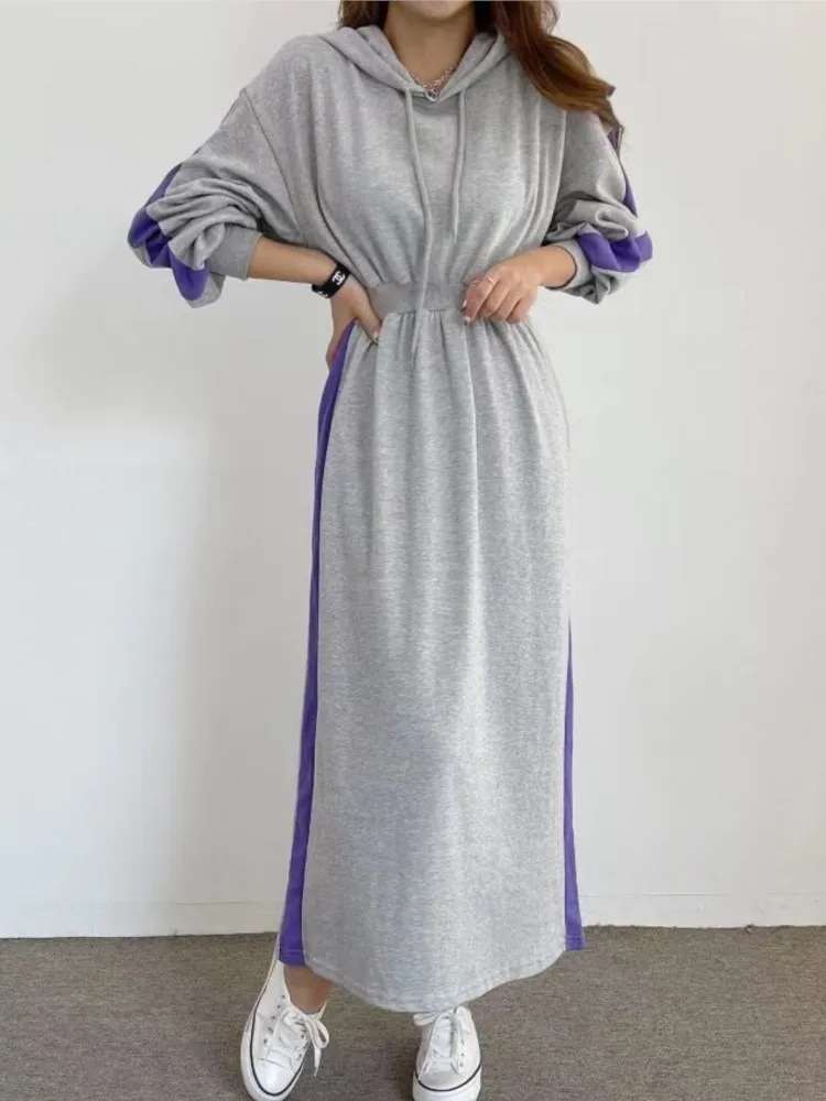 

Женское флисовое винтажное платье с капюшоном, повседневное элегантное черное платье составного кроя с высокой талией, одежда в Корейском ...