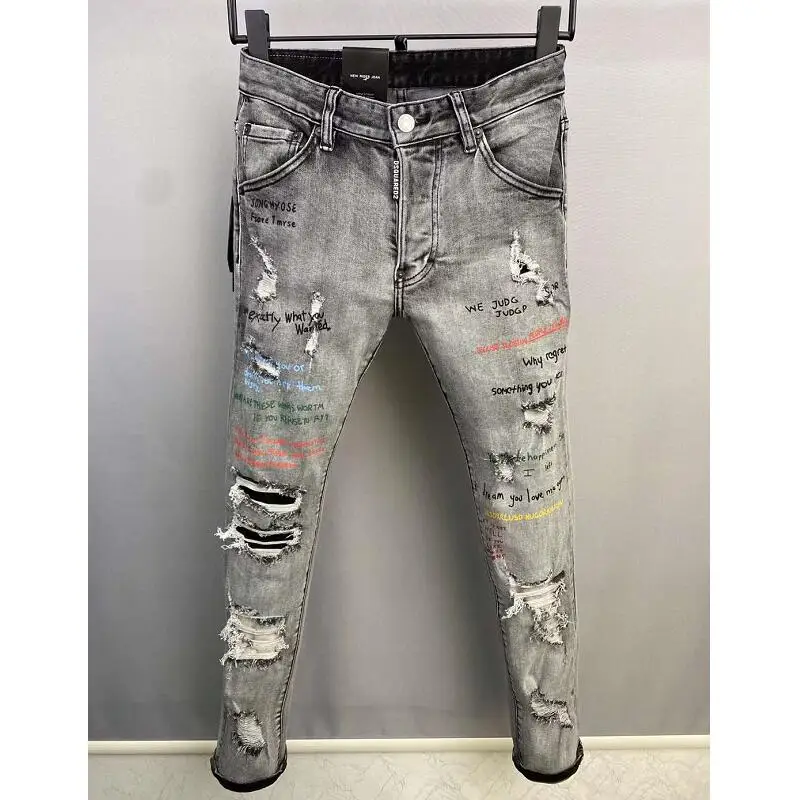 Trendy Casual Letter Print Slim Hole Jeans Pencil Pants Trousers Street Denim Clothing dsq9861