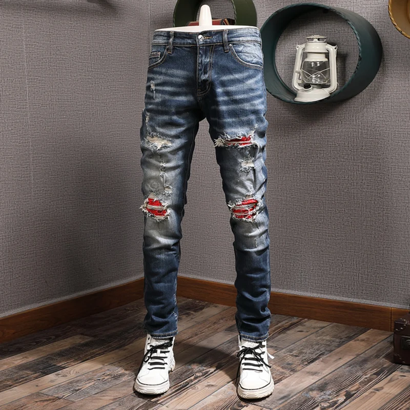 High Street Fashion Men Jeans Retro Blue Elastic Stretch Skinny Fit Ripped Jeans Men Patched Designer Hip Hop Brand Pants Hombre