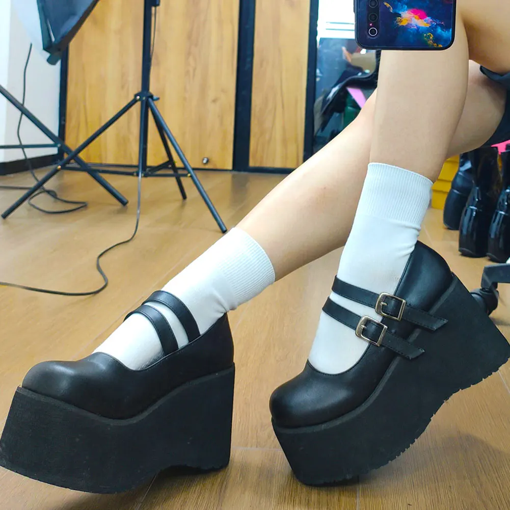 

2022 New Version Sweet Lolita Goth Black Comfy Walking High Heels Wedges Mary Janes Pumps Platform Shoes Woman Big Size 43