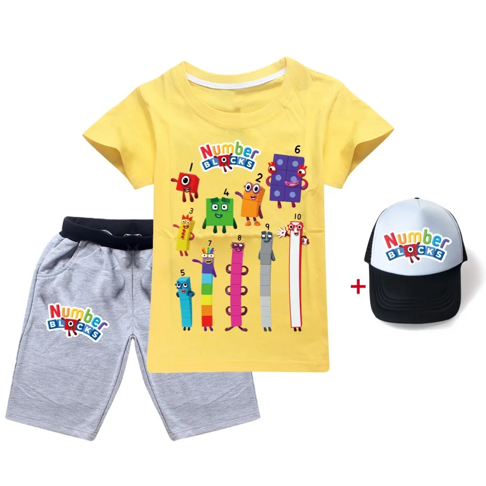 Kids Clothes Set Short Sleeve T Shirts Number Blocks T-shirt Children's Clothing Boys Tshirt+short Pant+Hat 3Pcs Teen Girls Tops