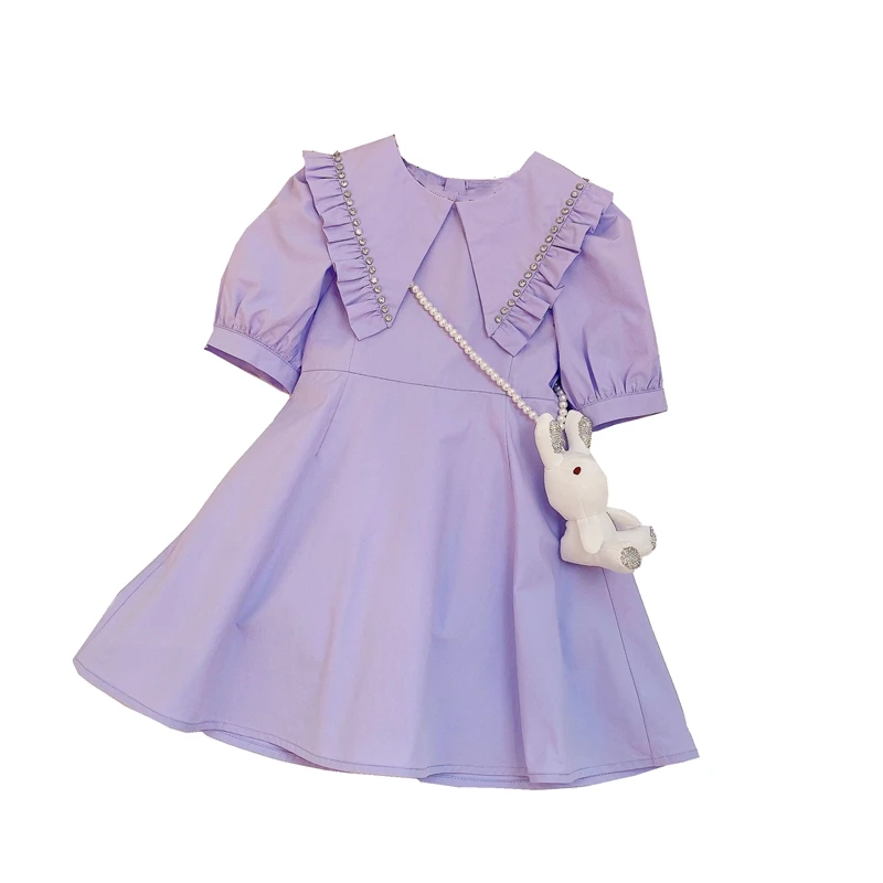 

110-160cm Brand Violets New Girls Bling Rhinestone Dress,Kids Teenager Spring Baby Ruched Rufflles Short Sleeve Dress With Doll