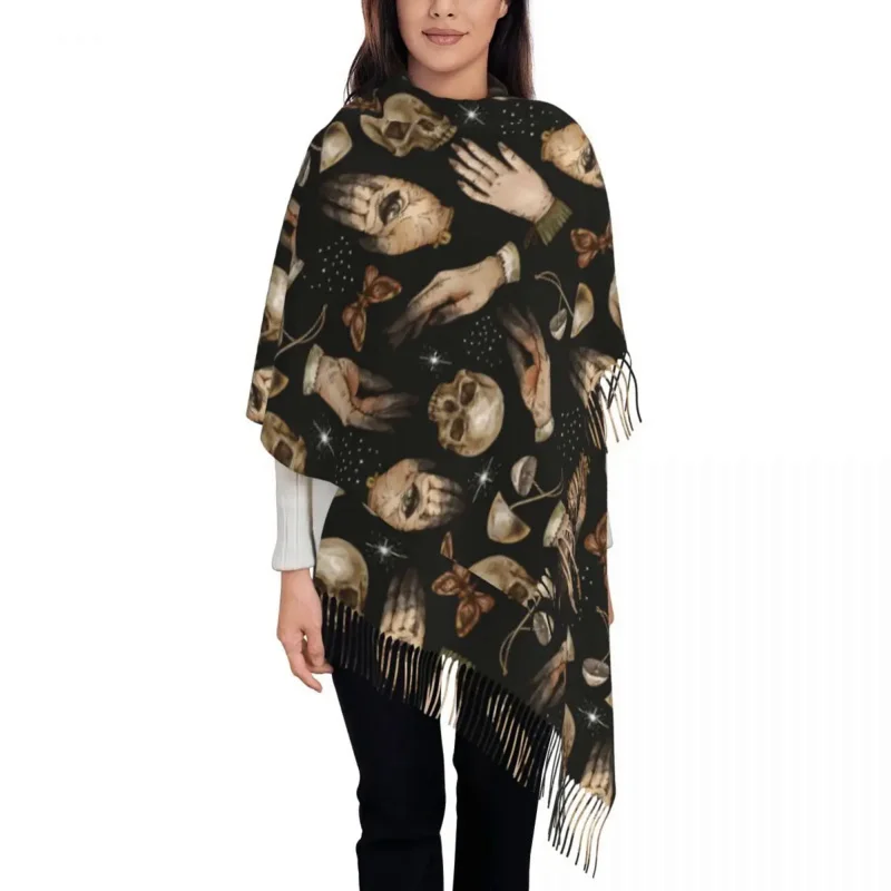

Womens Tassel Scarf Magical Skull Witch Hands Moth Mushroom Large Winter Warm Shawl Wrap Gifts Cashmere Scarf