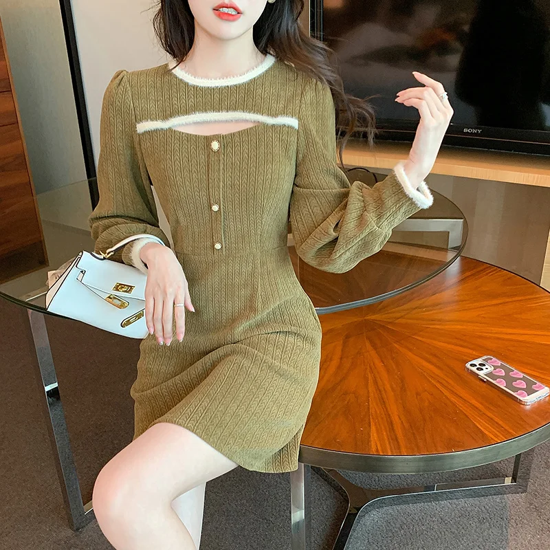 

Сексуальное вельветовое платье с вырезами, женский дизайн 2022, Осень-зима, новое облегающее мини-платье с длинным рукавом и поясом, элегантно...