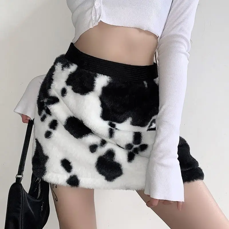 

Furry Cow Print Autumn Mini Skirts Womens Black White High Waist Short Skirt Ladies Winter Fuzzy Korean Streetwear юбка женская