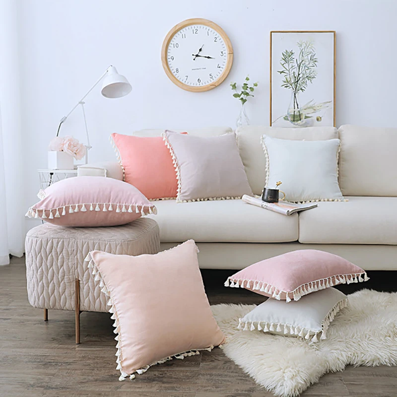 

Nordic INS Wind Suede Lace Tassel Pillow Household Goods Solid Color Waist Cushion Sofa Pillowcase