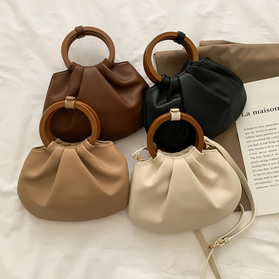 

Korean ins retro cloud wooden handle fold bags pu leather crossbody bags single shoulder bag trend female purse and handbags sac